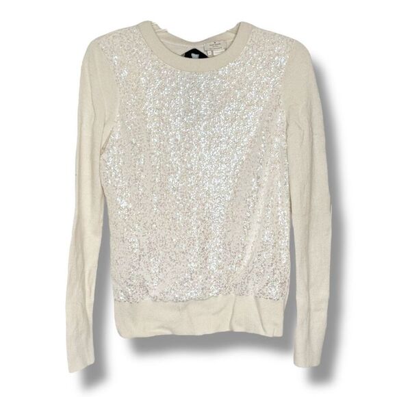 Kate Spade New York Ivory Sequin Front Sweater Keyhole Back Black Satin Bow Sz S - Picture 3 of 9
